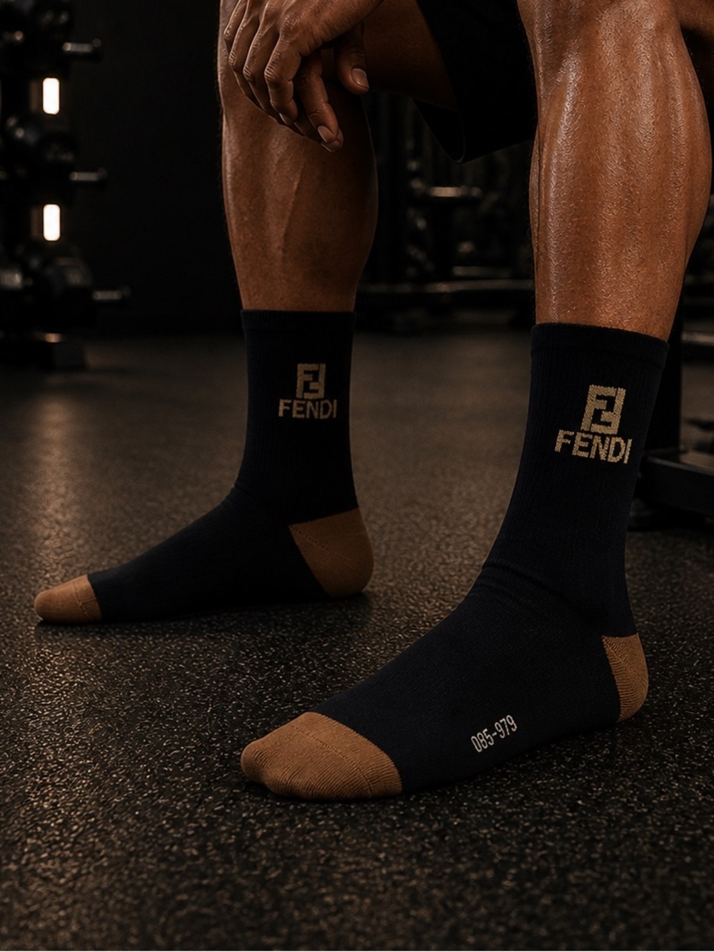 Fendi Black Crew Socks with Brown Toe & Heel